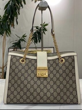 Gucci Brown GG Supreme Canvas Tote with Cream Trim and Gold Hardware